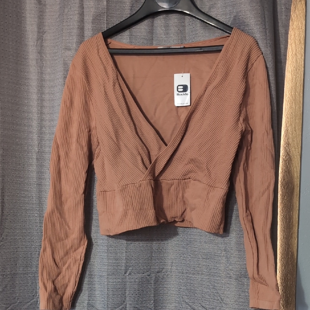 Boohoo Brown Ribbed V-Neck Blouse